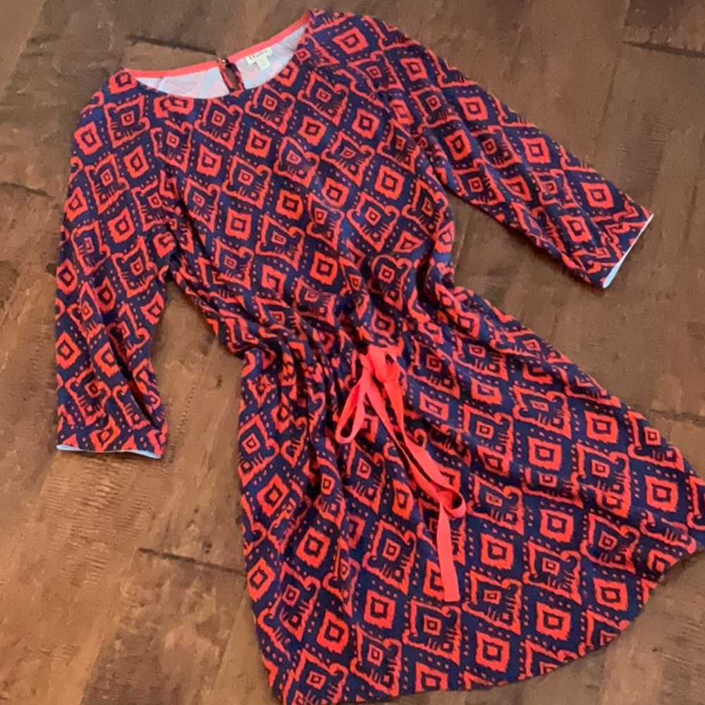Hatley 3/4 sleeve dress. Navy blue and orange.